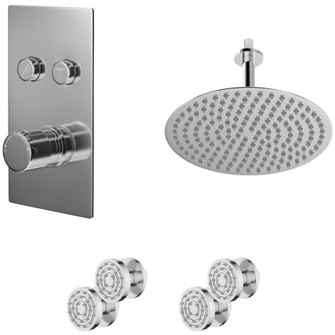 Wholesale Domestic Circo Polished Chrome Push Button Diverter Concealed Thermostatic Shower Valve and 300mm Round Fixed Head with 150mm Ceiling Arm and 4 Body Jets - 2 Outlet