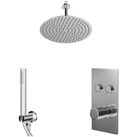 Wholesale Domestic Circo Polished Chrome Push Button Diverter Concealed Thermostatic Shower Valve and 300mm Round Head with 150mm Ceiling Arm and Outlet Holder with Kit - 2 Outlet