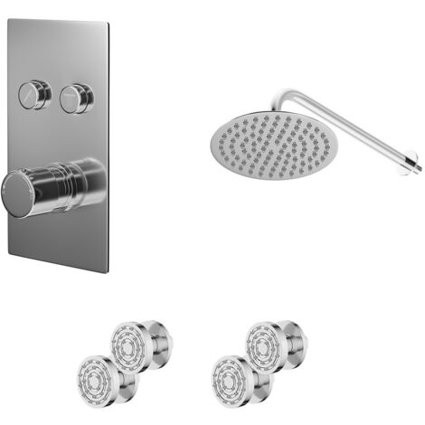 Wholesale Domestic Circo Polished Chrome Push Button Diverter Concealed Thermostatic Shower Valve and 300mm Round Head with 345mm Wall Arm and 4 Body Jets - 2 Outlet