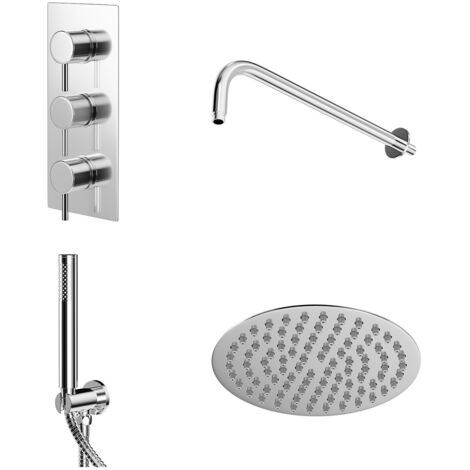 Wholesale Domestic Circo Polished Chrome Triple Thermostatic Shower Valve and 200mm Thin Round Fixed Head with Wall Arm and Round Handset Outlet Holder - 2 Outlet