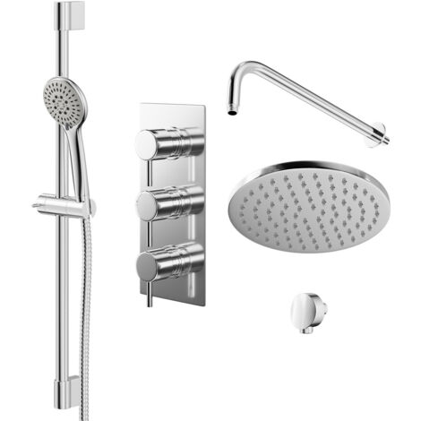 Wholesale Domestic Circo Polished Chrome Triple Thermostatic Valve Mixer Shower with Round Fixed Head and Avon Shower Slide Rail Kit - 2 Outlet