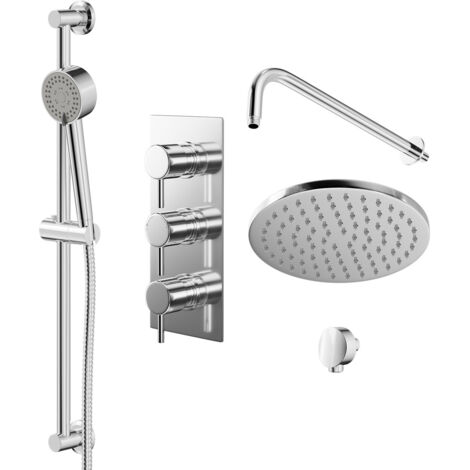 Wholesale Domestic Circo Polished Chrome Triple Thermostatic Valve Mixer Shower with Round Fixed Head and Tyne Shower Slide Rail Kit - 2 Outlet