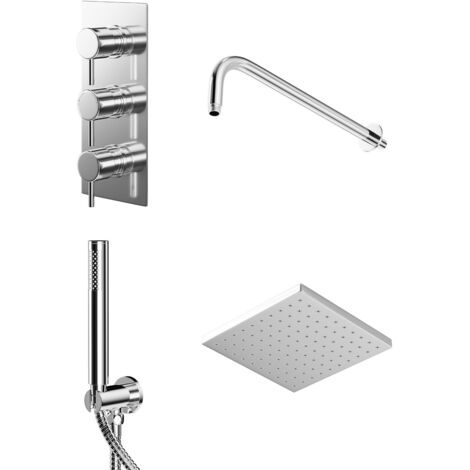 Wholesale Domestic Circo Polished Chrome Triple Thermostatic Valve Mixer Shower with Square Fixed Head and Round Handset Outlet Holder - 2 Outlet