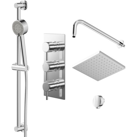 Wholesale Domestic Circo Polished Chrome Triple Thermostatic Valve Mixer Shower with Square Fixed Head and Tyne Shower Slide Rail Kit - 2 Outlet