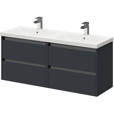 Wholesale Domestic City Gloss Grey 1200mm Wall Mounted 4 Drawer Vanity Unit and Double Ceramic Basin with 1 Tap Hole