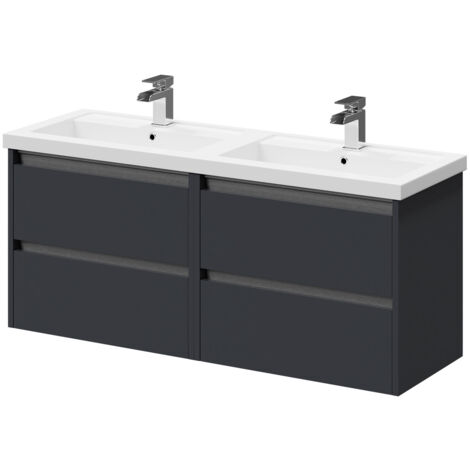 Wholesale Domestic City Gloss Grey 1200mm Wall Mounted 4 Drawer Vanity Unit and Twin Polymarble Basin with 1 Tap Hole