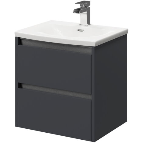 Wholesale Domestic City Gloss Grey 500mm Wall Mounted 2 Drawer Vanity Unit and Curved Basin with 1 Tap Hole
