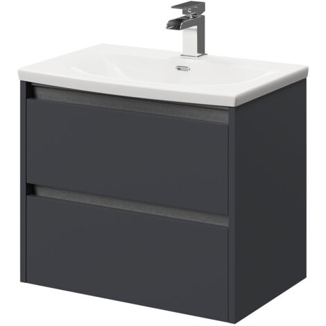 Wholesale Domestic City Gloss Grey 600mm Wall Mounted 2 Drawer Vanity Unit and Curved Basin with 1 Tap Hole