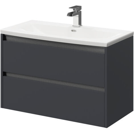 Wholesale Domestic City Gloss Grey 800mm Wall Mounted 2 Drawer Vanity Unit and Curved Basin with 1 Tap Hole