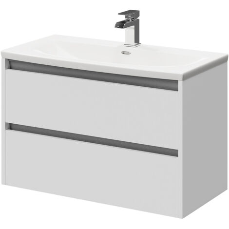 Wholesale Domestic City Gloss White 800mm Wall Mounted 2 Drawer Vanity Unit and Curved Basin with 1 Tap Hole