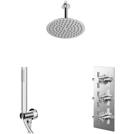 Wholesale Domestic Cross Polished Chrome Concealed Triple Thermostatic Shower Valve and 200mm Round Head with 150mm Ceiling Arm and Outlet Holder with Kit - 2 Outlet