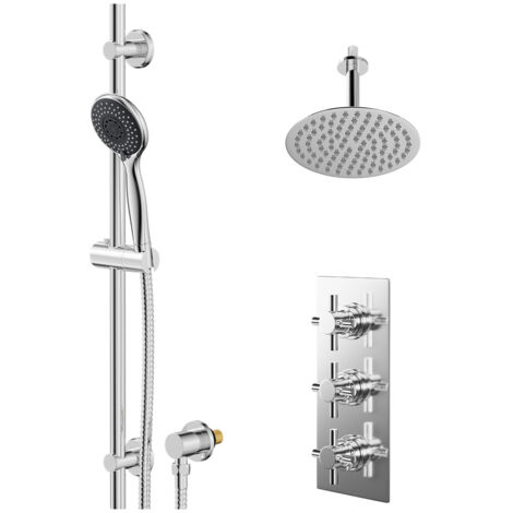 Wholesale Domestic Cross Polished Chrome Concealed Triple Thermostatic Shower Valve and 200mm Thin Round Fixed Head with 150mm Ceiling Arm and Clyde Slide Rail Kit with Round Elbow - 2 Outlet