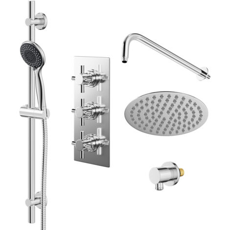 Wholesale Domestic Cross Polished Chrome Concealed Triple Thermostatic Shower Valve and 200mm Thin Round Fixed Head with Wall Arm and Clyde Slide Rail Kit with Round Elbow - 2 Outlet