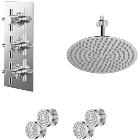 Wholesale Domestic Cross Polished Chrome Concealed Triple Thermostatic Shower Valve and 300mm Round Head with 150mm Ceiling Arm and 4 Body Jets - 2 Outlet