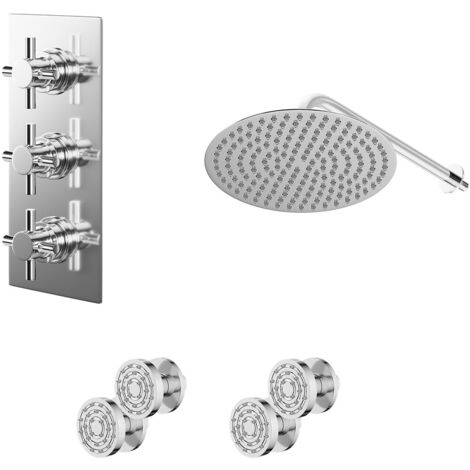Wholesale Domestic Cross Polished Chrome Concealed Triple Thermostatic Shower Valve and 300mm Round Head with 345mm Wall Arm and 4 Body Jets - 2 Outlet