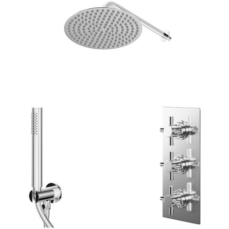 Wholesale Domestic Cross Polished Chrome Concealed Triple Thermostatic Shower Valve and 300mm Round Head with 345mm Wall Arm and Outlet Holder with Kit - 2 Outlet