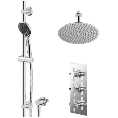 Wholesale Domestic Cross Polished Chrome Concealed Triple Thermostatic Shower Valve and 300mm Thin Round Fixed Head with 150mm Ceiling Arm and Clyde Slide Rail Kit with Round Elbow - 2 Outlet