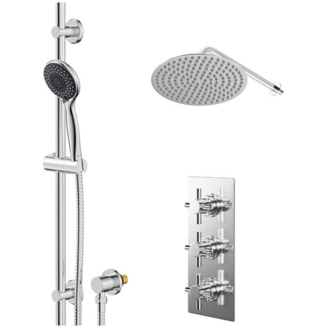 Wholesale Domestic Cross Polished Chrome Concealed Triple Thermostatic Shower Valve and 300mm Thin Round Fixed Head with Wall Arm and Clyde Slide Rail Kit with Round Elbow - 2 Outlet