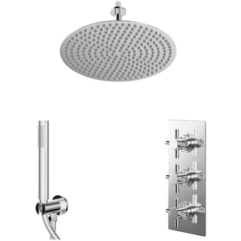 Wholesale Domestic Cross Polished Chrome Concealed Triple Thermostatic Shower Valve and 400mm Round Head with 150mm Ceiling Arm and Outlet Holder with Kit - 2 Outlet