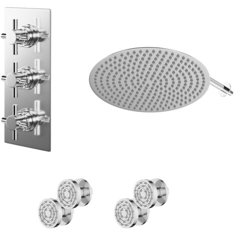 Wholesale Domestic Cross Polished Chrome Concealed Triple Thermostatic Shower Valve and 400mm Round Head with 345mm Wall Arm and 4 Body Jets - 2 Outlet