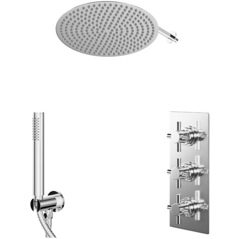 Wholesale Domestic Cross Polished Chrome Concealed Triple Thermostatic Shower Valve and 400mm Round Head with 345mm Wall Arm and Outlet Holder with Kit - 2 Outlet