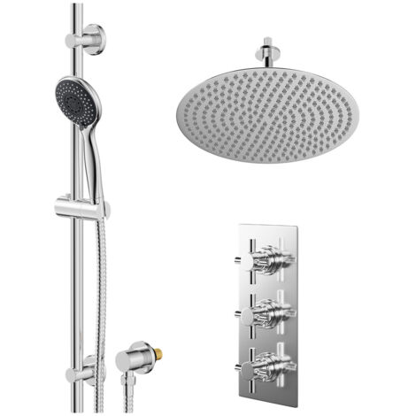 Wholesale Domestic Cross Polished Chrome Concealed Triple Thermostatic Shower Valve and 400mm Thin Round Fixed Head with 150mm Ceiling Arm and Clyde Slide Rail Kit with Round Elbow - 2 Outlet