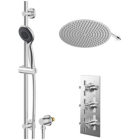 Wholesale Domestic Cross Polished Chrome Concealed Triple Thermostatic Shower Valve and 400mm Thin Round Fixed Head with Wall Arm and Clyde Slide Rail Kit with Round Elbow - 2 Outlet