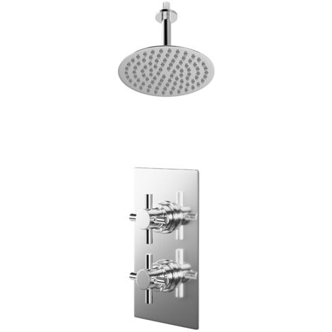 Wholesale Domestic Cross Polished Chrome Concealed Twin Thermostatic Shower Valve and 200mm Thin Round Fixed Head with 150mm Ceiling Arm - 1 Outlet