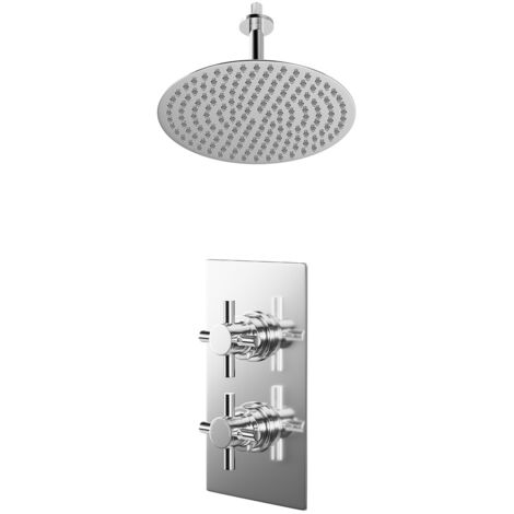 Wholesale Domestic Cross Polished Chrome Concealed Twin Thermostatic Shower Valve and 300mm Thin Round Fixed Head with 150mm Ceiling Arm - 1 Outlet