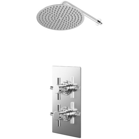 Wholesale Domestic Cross Polished Chrome Concealed Twin Thermostatic Shower Valve and 300mm Thin Round Fixed Head with Wall Arm - 1 Outlet