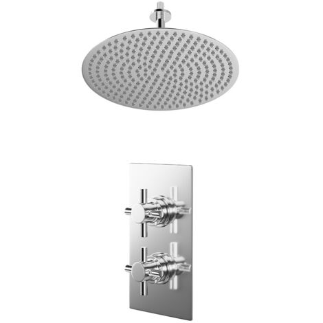 Wholesale Domestic Cross Polished Chrome Concealed Twin Thermostatic Shower Valve and 400mm Thin Round Fixed Head with 150mm Ceiling Arm - 1 Outlet