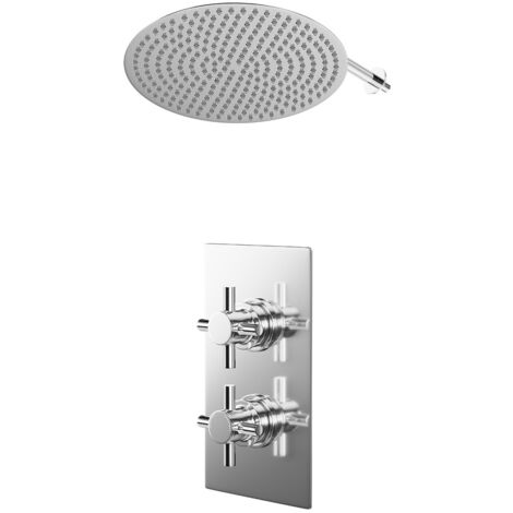 Wholesale Domestic Cross Polished Chrome Concealed Twin Thermostatic Shower Valve and 400mm Thin Round Fixed Head with Wall Arm - 1 Outlet