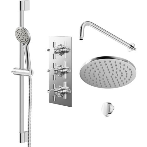 Wholesale Domestic Cross Polished Chrome Triple Thermostatic Valve Mixer Shower with Round Fixed Head and Avon Shower Slide Rail Kit - 2 Outlet