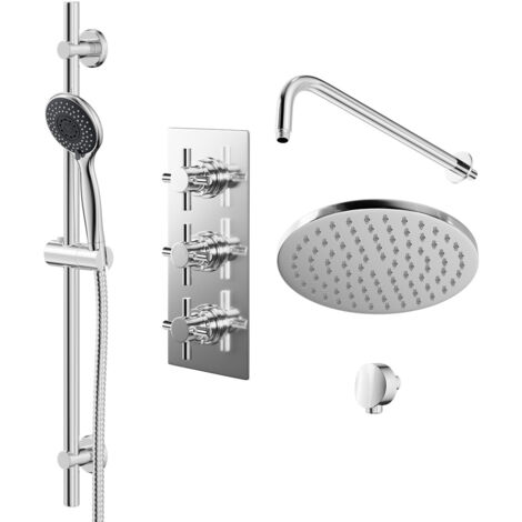 Wholesale Domestic Cross Polished Chrome Triple Thermostatic Valve Mixer Shower with Round Fixed Head and Clyde Shower Slide Rail Kit - 2 Outlet