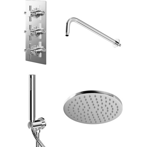 Wholesale Domestic Cross Polished Chrome Triple Thermostatic Valve Mixer Shower with Round Fixed Head and Round Handset Outlet Holder - 2 Outlet