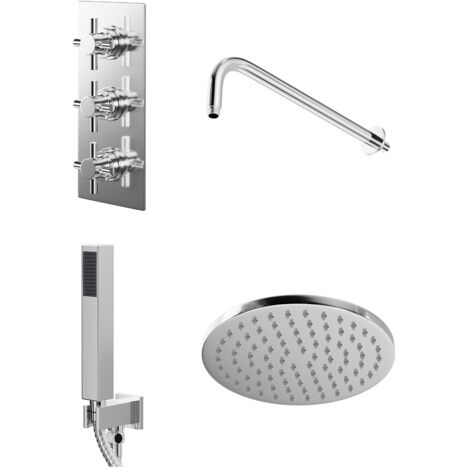 Wholesale Domestic Cross Polished Chrome Triple Thermostatic Valve Mixer Shower with Round Fixed Head and Square Handset Outlet Holder - 2 Outlet