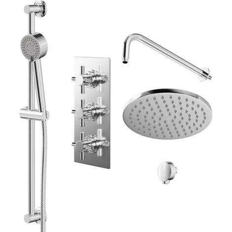 Wholesale Domestic Cross Polished Chrome Triple Thermostatic Valve Mixer Shower with Round Fixed Head and Tyne Shower Slide Rail Kit - 2 Outlet