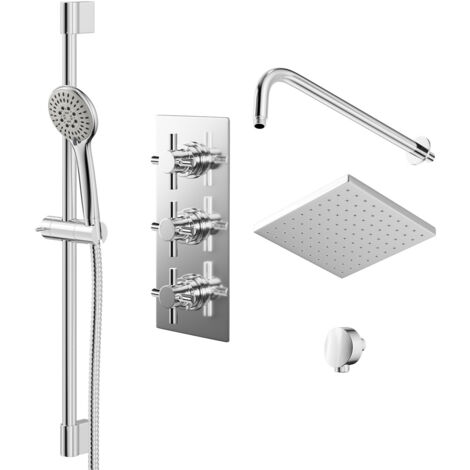 Wholesale Domestic Cross Polished Chrome Triple Thermostatic Valve Mixer Shower with Square Fixed Head and Avon Shower Slide Rail Kit - 2 Outlet