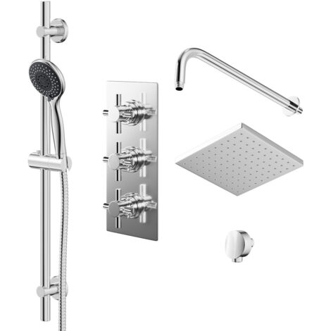 Wholesale Domestic Cross Polished Chrome Triple Thermostatic Valve Mixer Shower with Square Fixed Head and Clyde Shower Slide Rail Kit - 2 Outlet