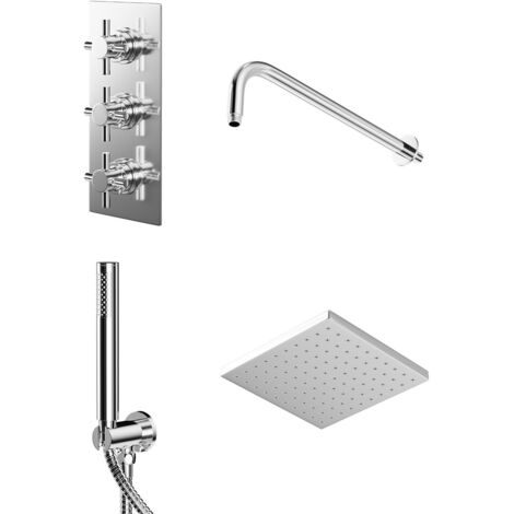 Wholesale Domestic Cross Polished Chrome Triple Thermostatic Valve Mixer Shower with Square Fixed Head and Round Handset Outlet Holder - 2 Outlet