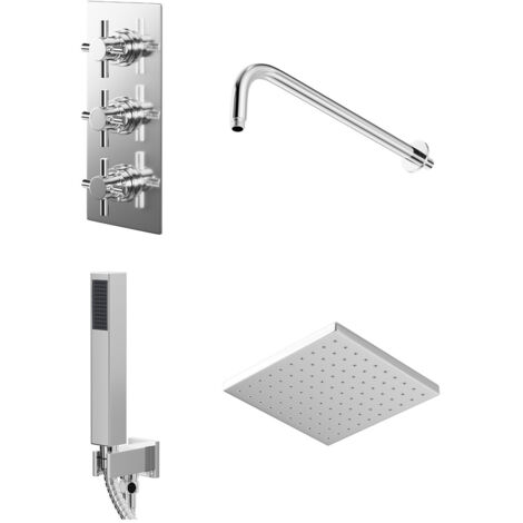 Wholesale Domestic Cross Polished Chrome Triple Thermostatic Valve Mixer Shower with Square Fixed Head and Square Handset Outlet Holder - 2 Outlet