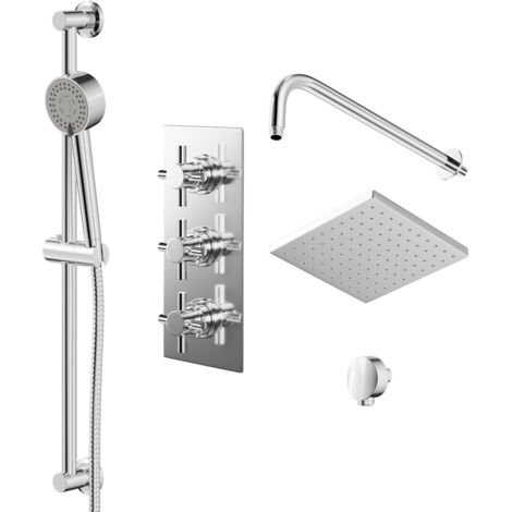 Wholesale Domestic Cross Polished Chrome Triple Thermostatic Valve Mixer Shower with Square Fixed Head and Tyne Shower Slide Rail Kit - 2 Outlet