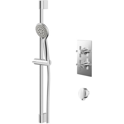 Wholesale Domestic Cross Polished Chrome Twin Thermostatic Valve Mixer Shower with Avon Slide Rail Kit and Round Shower Elbow - 1 Outlet