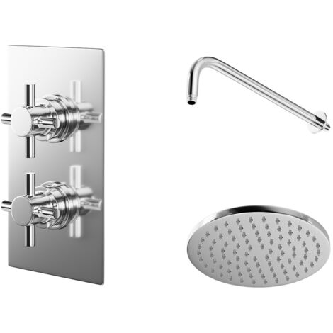 Wholesale Domestic Cross Polished Chrome Twin Thermostatic Valve Mixer Shower with Round Shower Head and Wall Arm - 1 Outlet