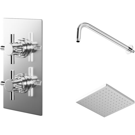 Wholesale Domestic Cross Polished Chrome Twin Thermostatic Valve Mixer Shower with Square Shower Head and Wall Arm - 1 Outlet