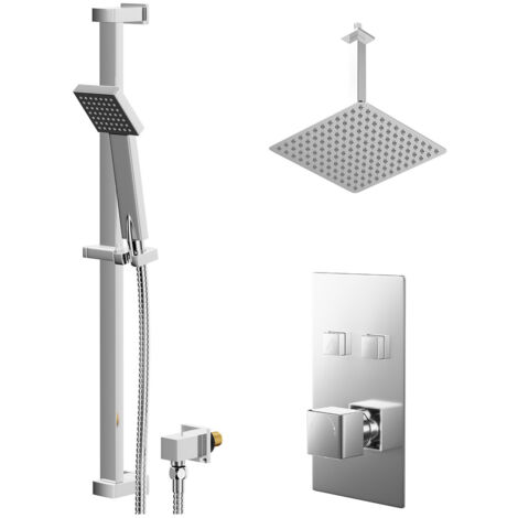 Wholesale Domestic Cubix Polished Chrome Concealed Push Button Twin Shower Valve and 300mm Thin Square Fixed Head with 300mm Ceiling Arm and Thames Slide Rail Kit with Square Elbow - 2 Outlet