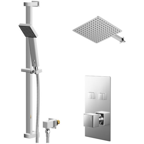 Wholesale Domestic Cubix Polished Chrome Concealed Push Button Twin Shower Valve and 300mm Thin Square Fixed Head with Wall Arm and Thames Slide Rail Kit with Square Elbow - 2 Outlet