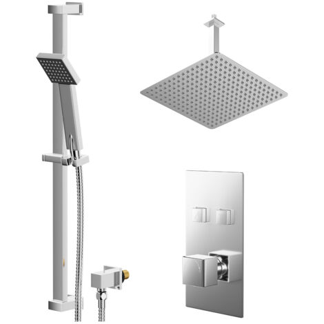 Wholesale Domestic Cubix Polished Chrome Concealed Push Button Twin Shower Valve and 400mm Thin Square Fixed Head with 300mm Ceiling Arm and Thames Slide Rail Kit with Square Elbow - 2 Outlet