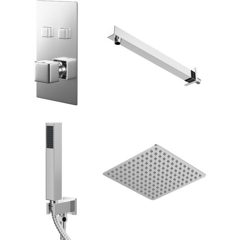 Wholesale Domestic Cubix Polished Chrome Concealed Push Button Twin Thermostatic Shower Valve Including Square Fixed Shower Head and Square Handset Outlet Holder with Kit - 2 Outlet