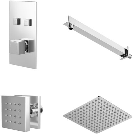 Wholesale Domestic Cubix Polished Chrome Concealed Push Button Twin Thermostatic Shower Valve with Square Fixed Head and Body Jets - 2 Outlet